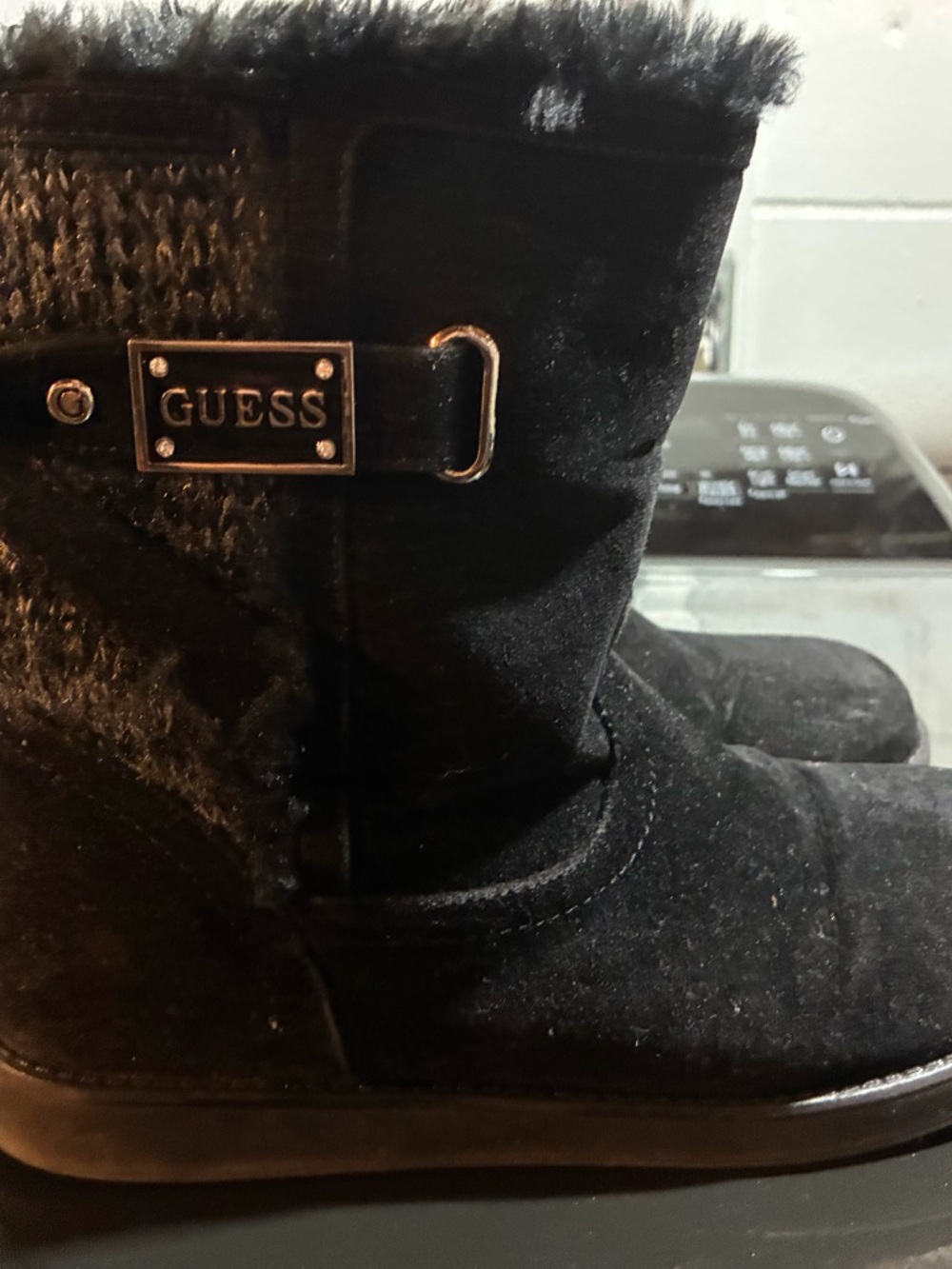 GUESS Black Faux Suede Mid-Calf Boots with Fur Trim